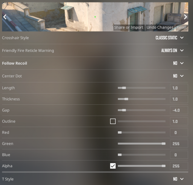 blameF's crosshair in CS2 settings