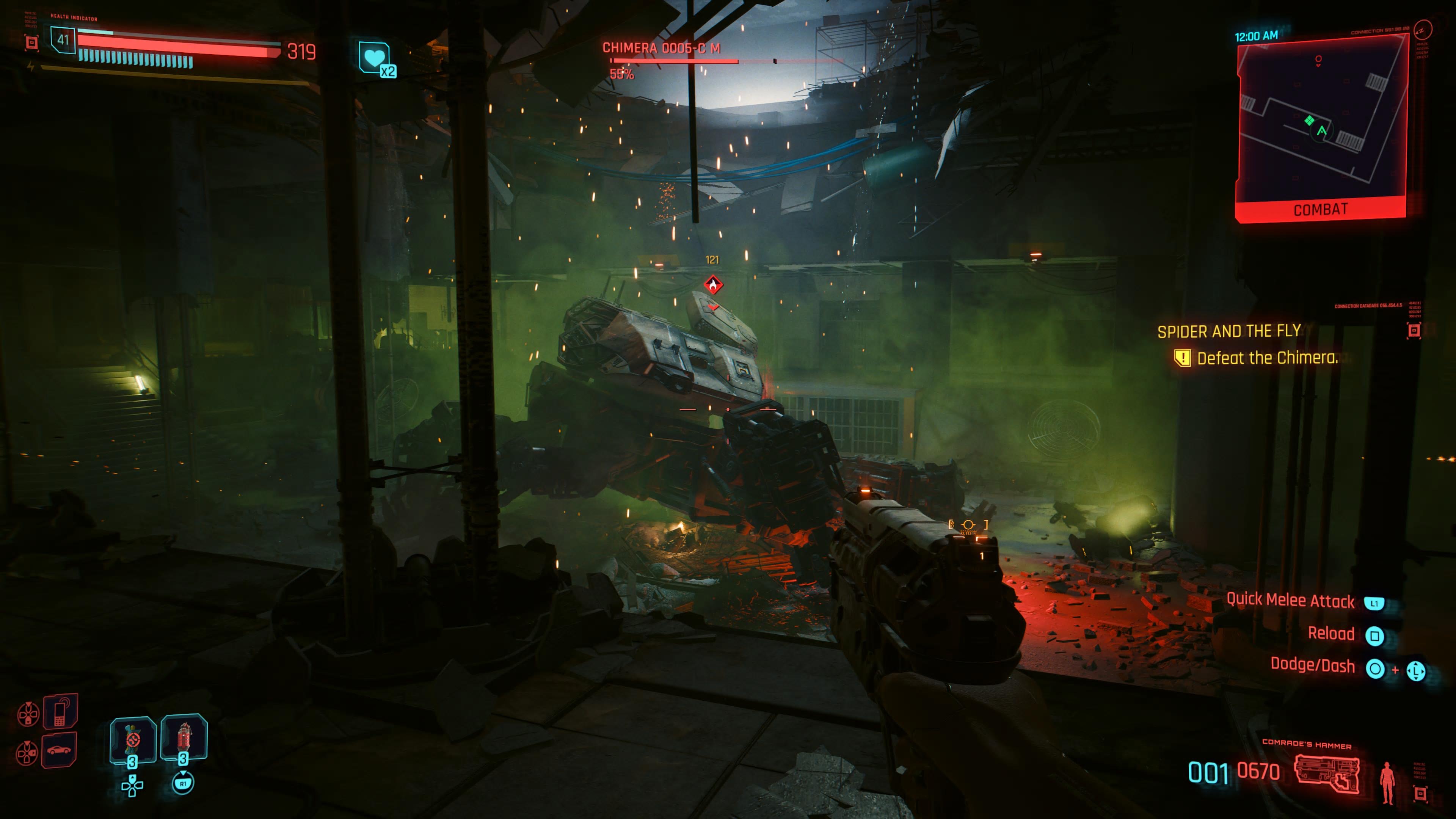 An in game screenshot of the Chimera boss fight from the Cyberpunk 2077 DLC Phantom Liberty. 