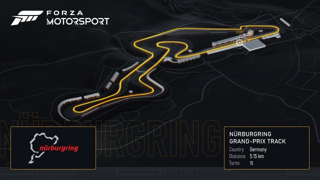 The track layout of the Nurburgring Grand-Prix Track in Forza Motorsport.