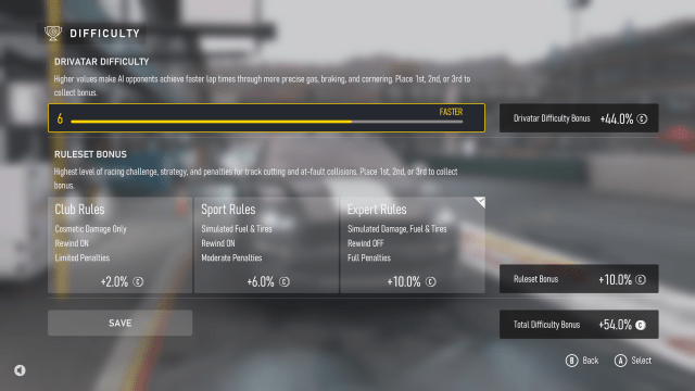 The difficulty options in Forza Motorsport and the bonuses they provide.