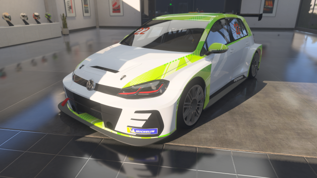 A 2018 Volkswagen #22 Experion Racing Golf GTI in a garage in Forza Motorsport.