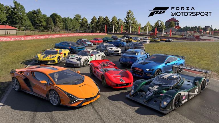 Several cars in a racing track with the Forza Motorsport logo on the upper right conner.