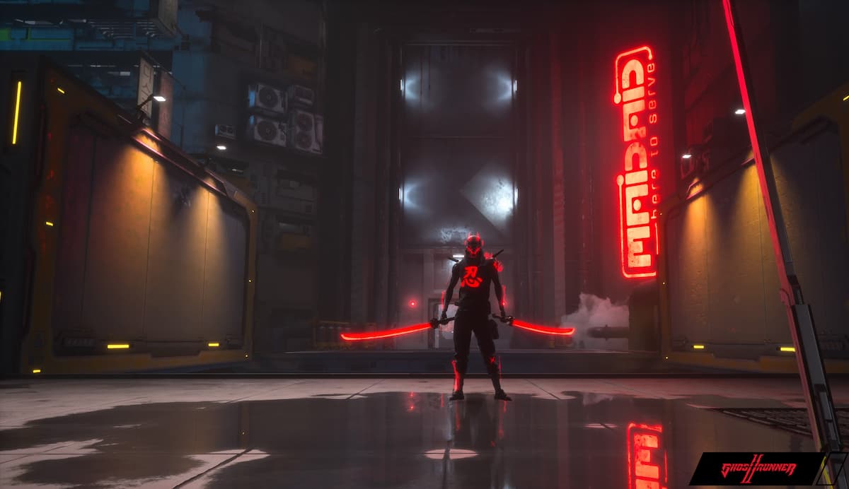 a samurai wielding two neon red katanas stands in a dark, dank cyberpunk alley