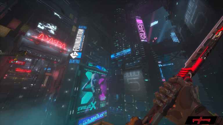 a neon-drenched cyberpunk city