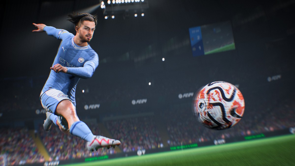 Jack Grealish of Manchester City in EA FC volleying the ball.