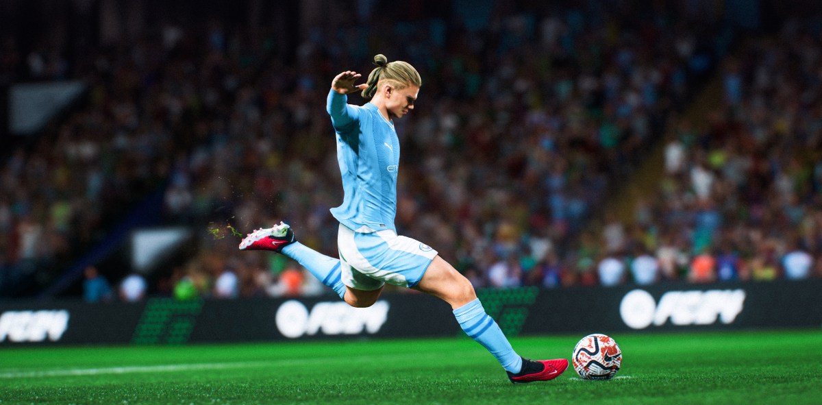 Erling Haaland of Manchewster City strikes the ball in EA FC 24.