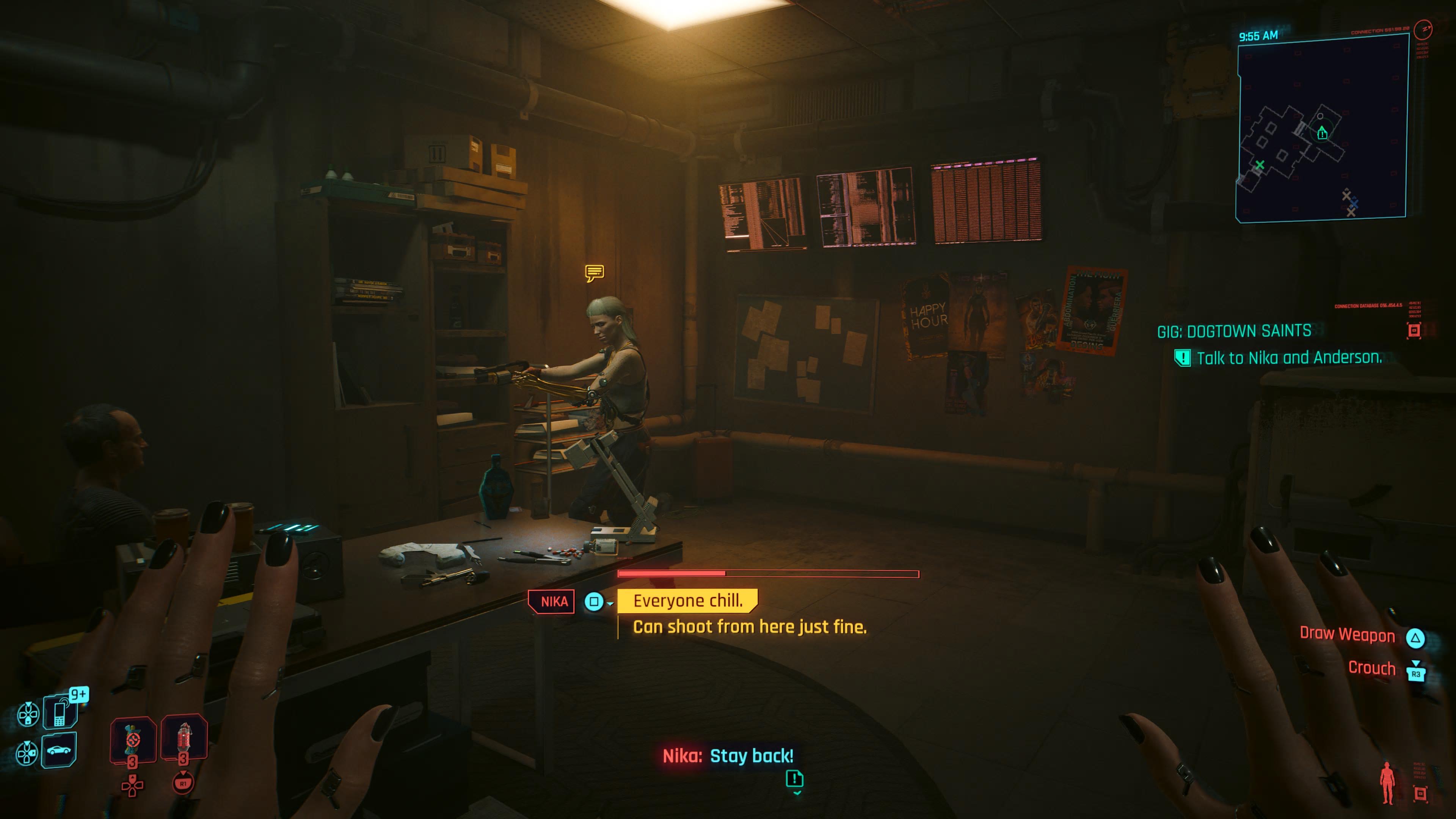 An in game screenshot of the confrontation between Nika and Dr Anderson in the Phantom Liberty DLC for Cyberpunk 2077. 