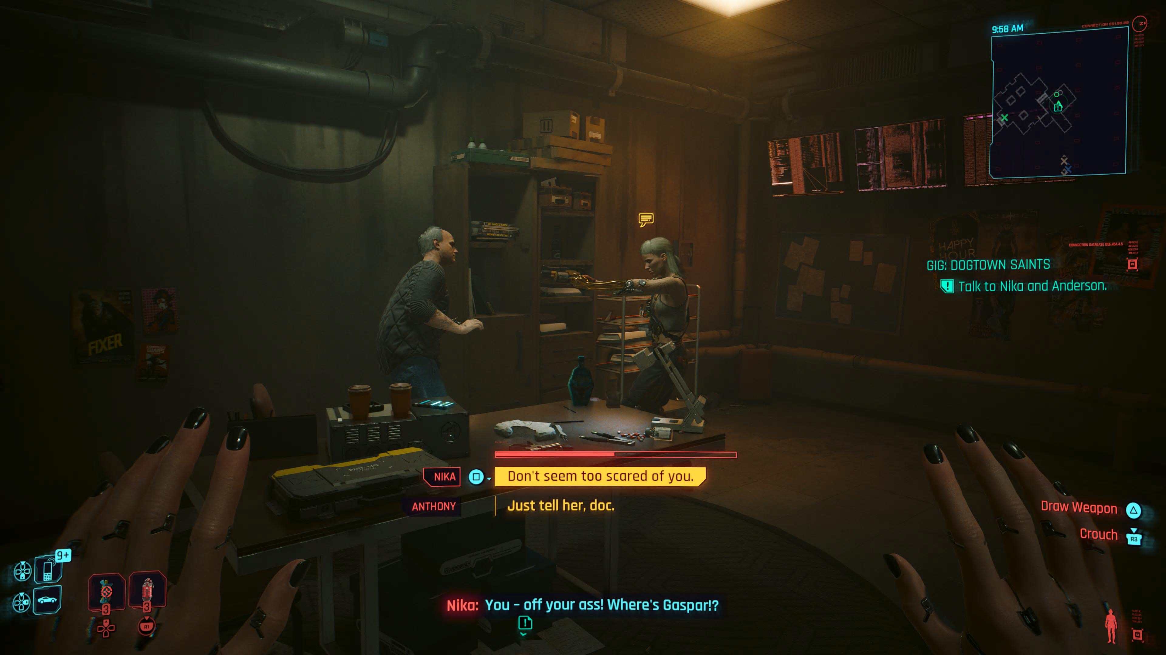 An in game screenshot of the confrontation between Nika and Dr Anderson in the Phantom Liberty DLC for Cyberpunk 2077. 