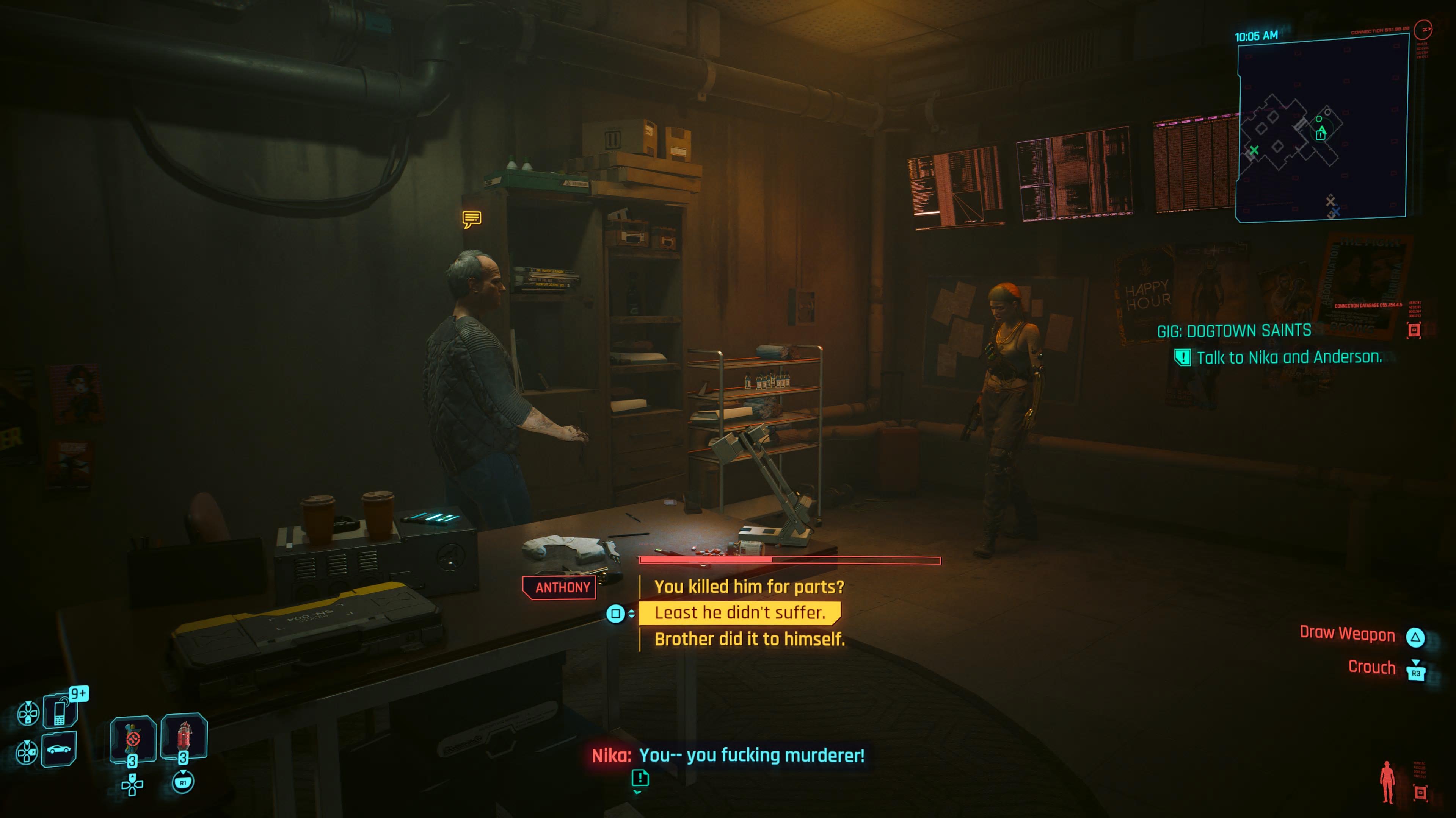 An in game screenshot of the confrontation between Nika and Dr Anderson in the Phantom Liberty DLC for Cyberpunk 2077. 