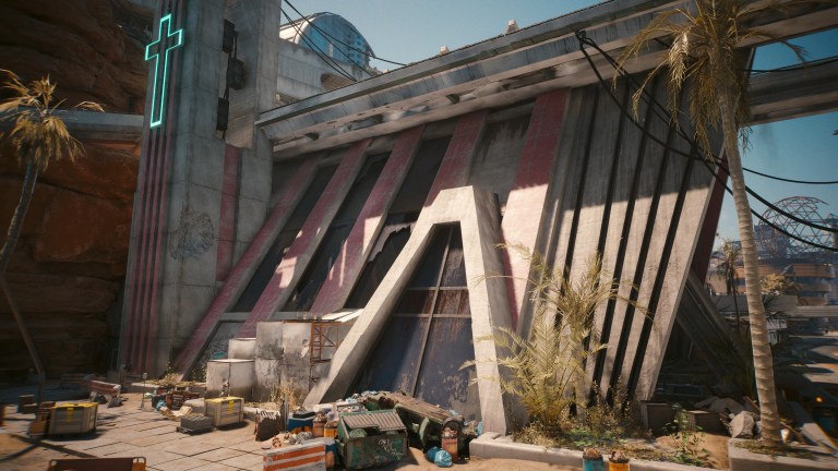 An in game screenshot of the church where the medical clinic can be found in the Phantom Liberty DLC for Cyberpunk 2077.