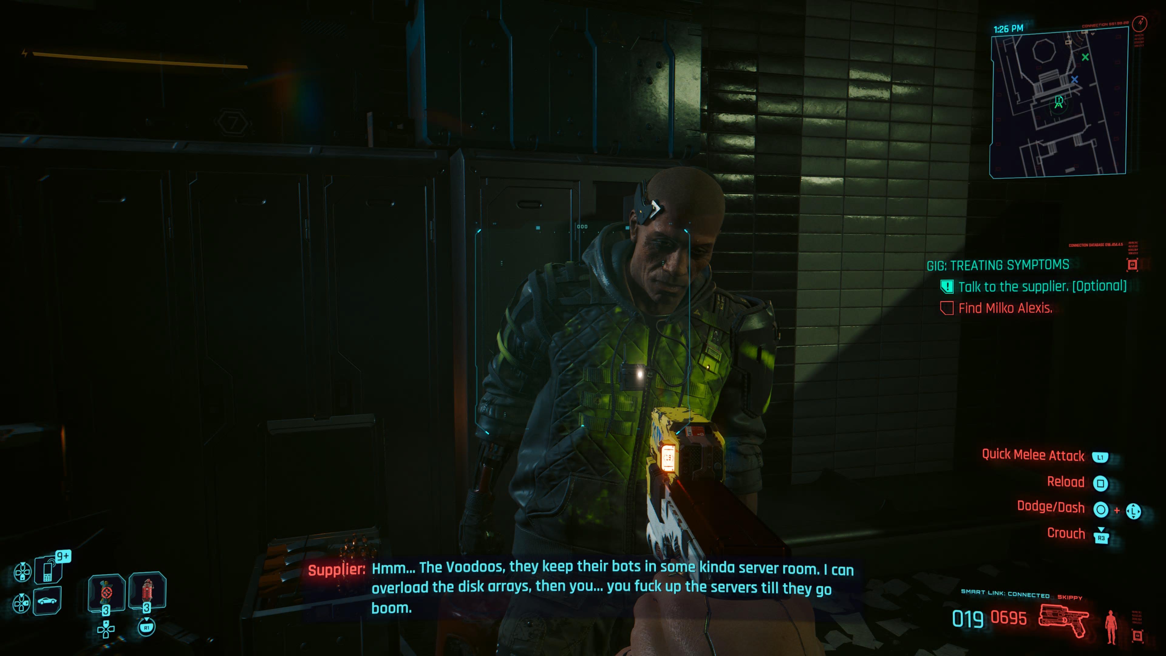 An in game screenshot of the supplier in the Voodoo Boys hideout from the Cyberpunk 2077 DLC Phantom Liberty