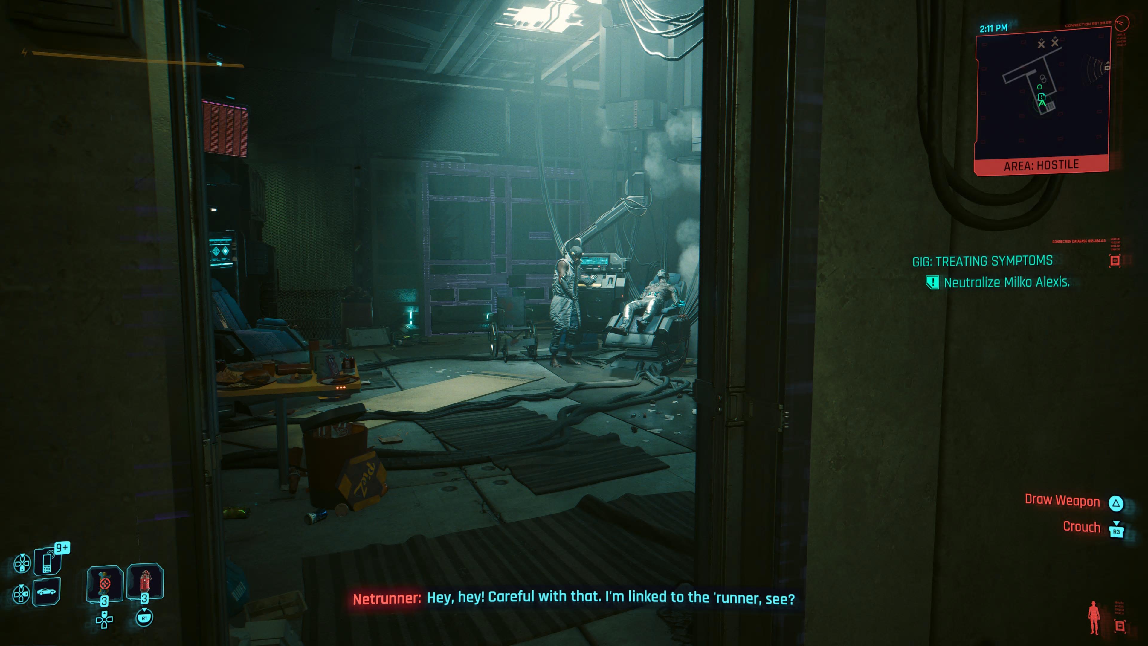 An in game screenshot of the netrunner inside the Voodoo Boys hideout from the Cyberpunk 2077 DLC Phantom Liberty