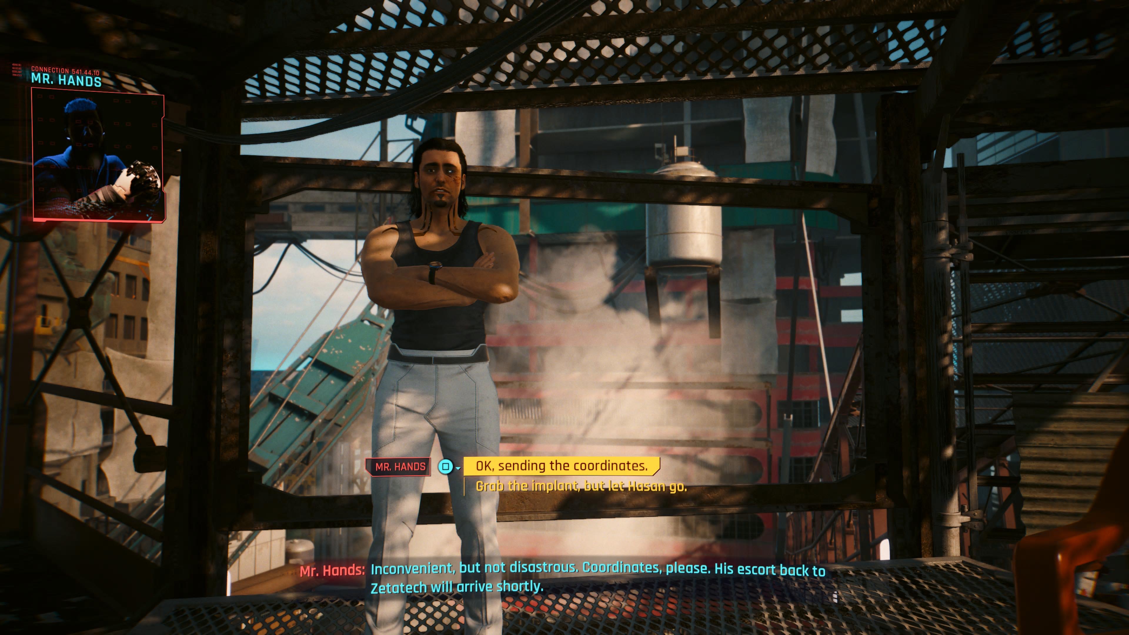 An in game screenshot of the character Hasan from the game Cyberpunk 2077. 