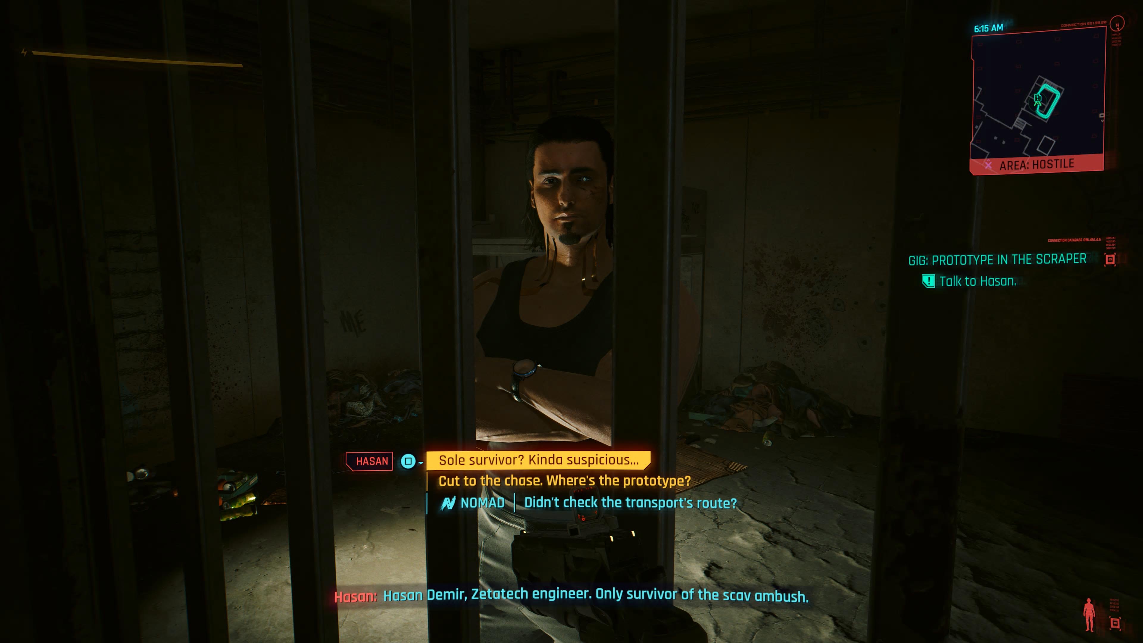 An in game screenshot of the character Hasan from the game Cyberpunk 2077. 