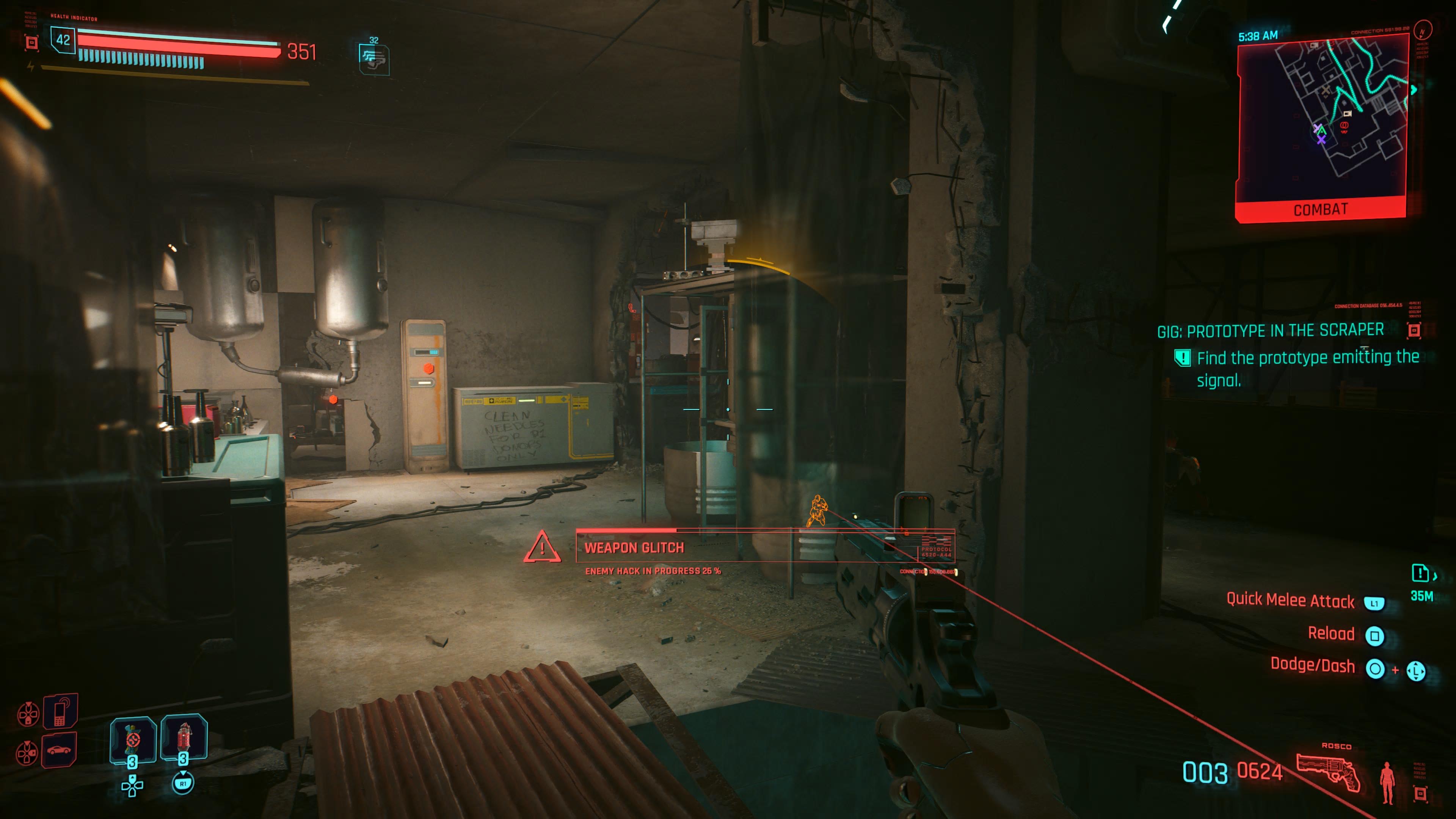 An in game screenshot of V being hacked by a netrunner from the game Cyberpunk 2077. 