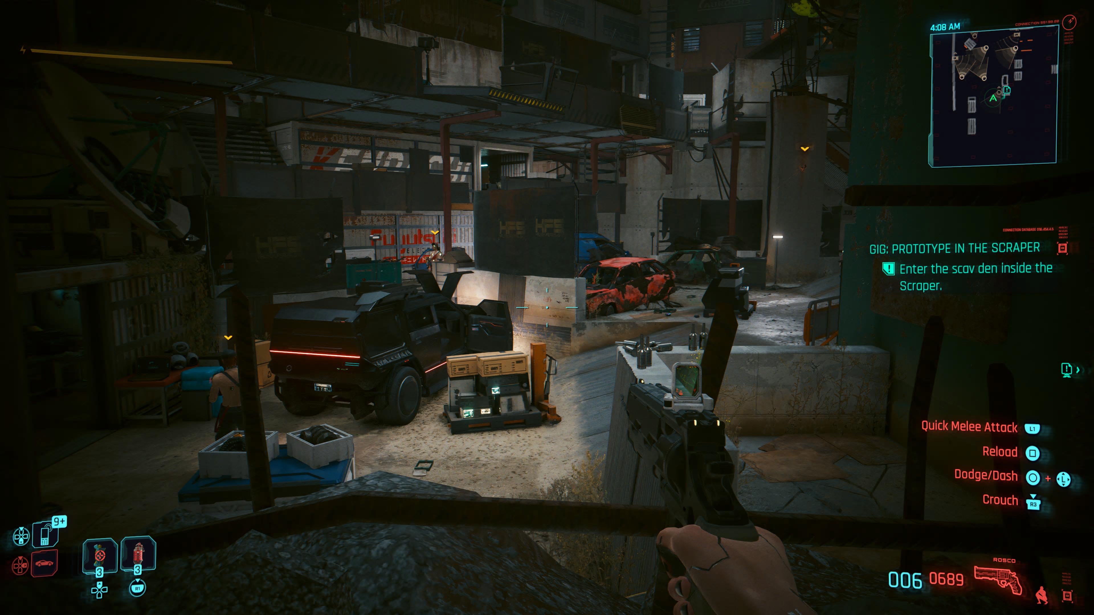 An in game screenshot of the scav den in the construction site from Cyberpunk 2077. 