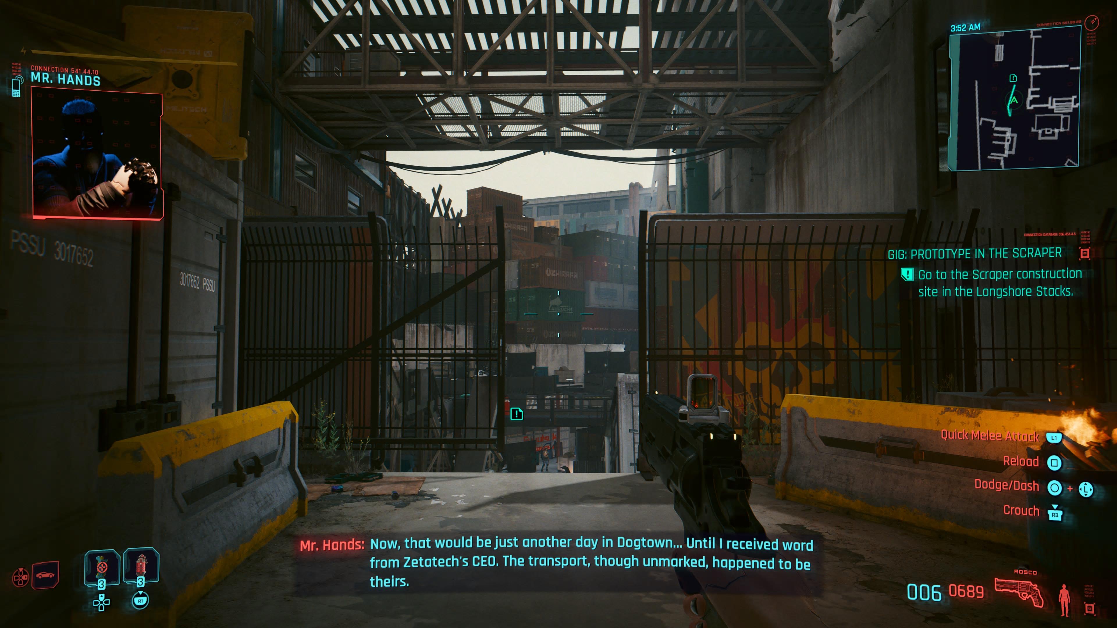 An in game screen shot of the Longshore Stacks construction site from the game Cyberpunk 2077. 