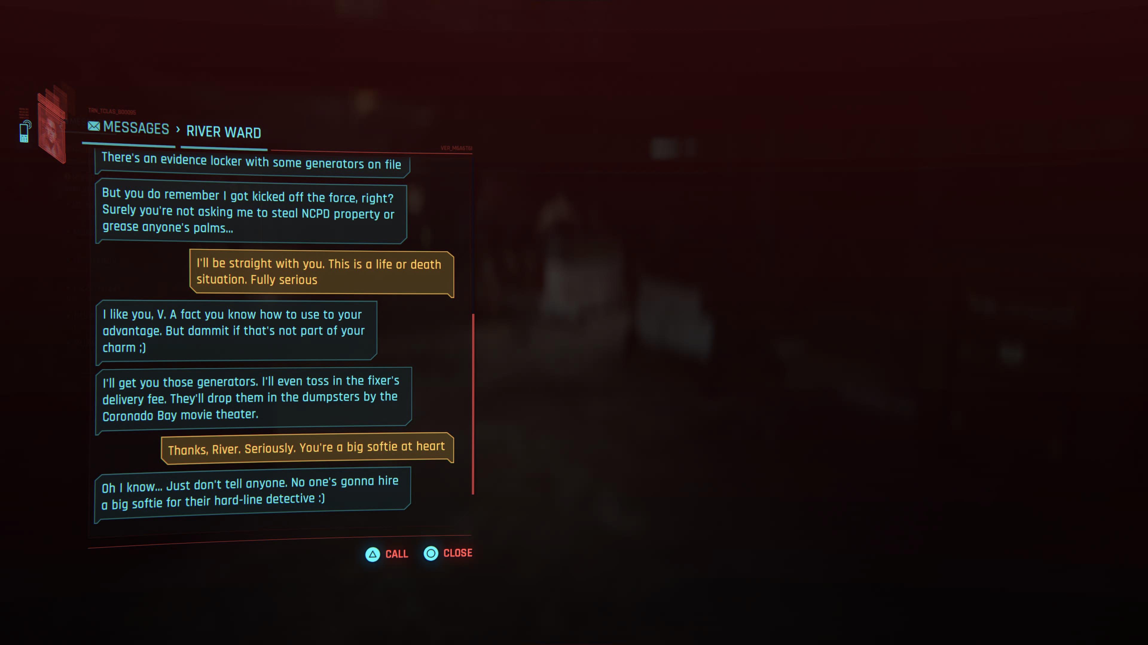 An in game screenshot of a text conversation between River and V in the game Cyberpunk 2077. 