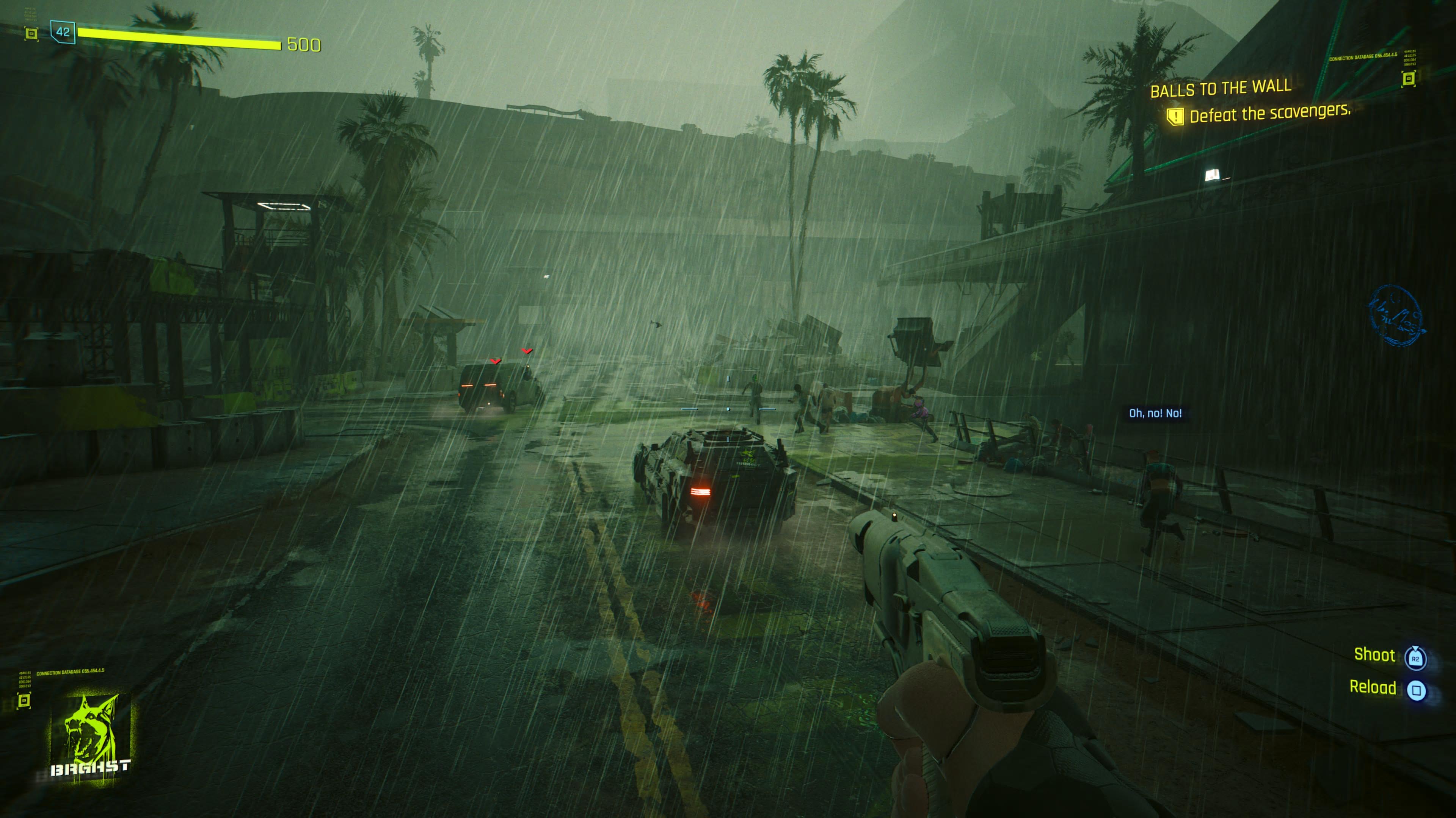 An in game screenshot of vehicle combat from the Balls to the Wall mission in Cyberpunk 2077. 