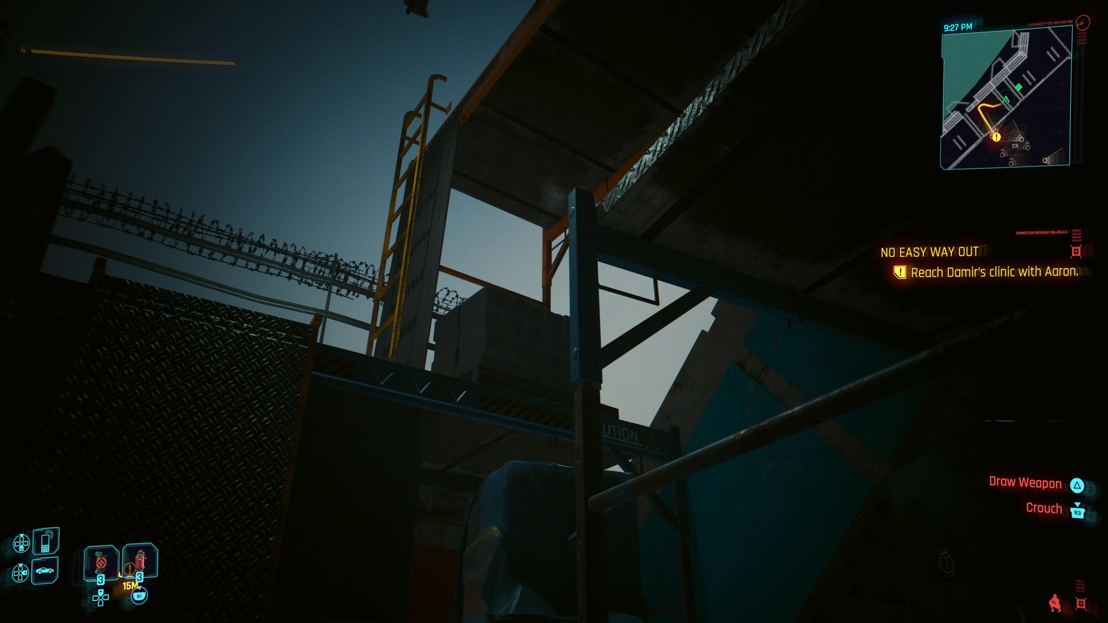 An in game screenshot of the outside of the building where you will find Damir's clinic in the game Cyberpunk 2077. 