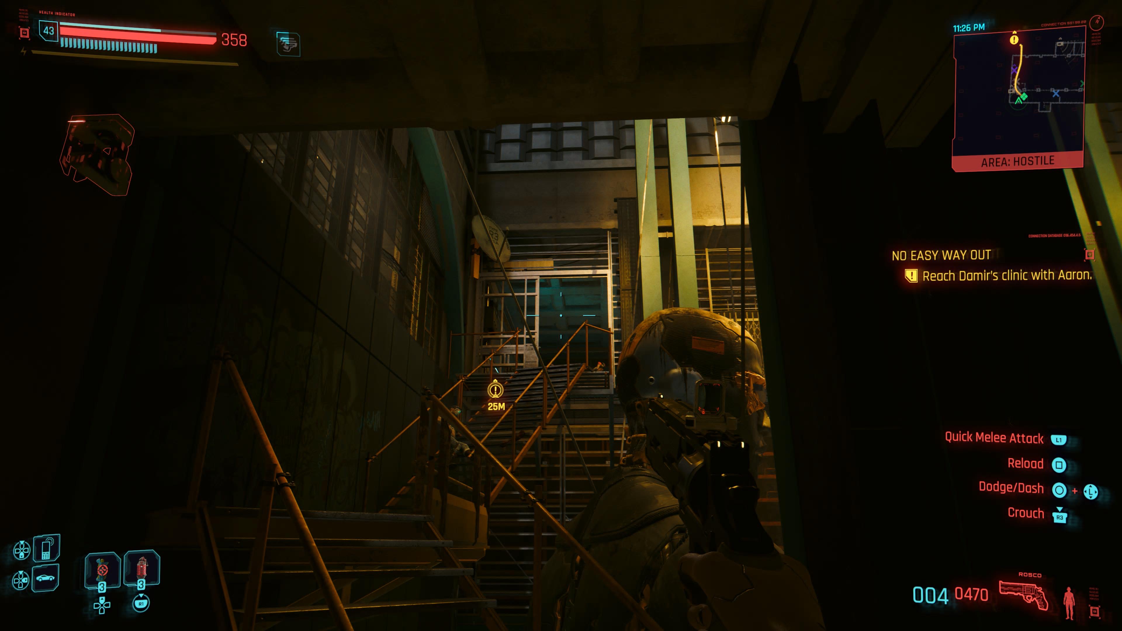 An in game screenshot of the path to Damir's clinic from the game Cyberpunk 2077. 