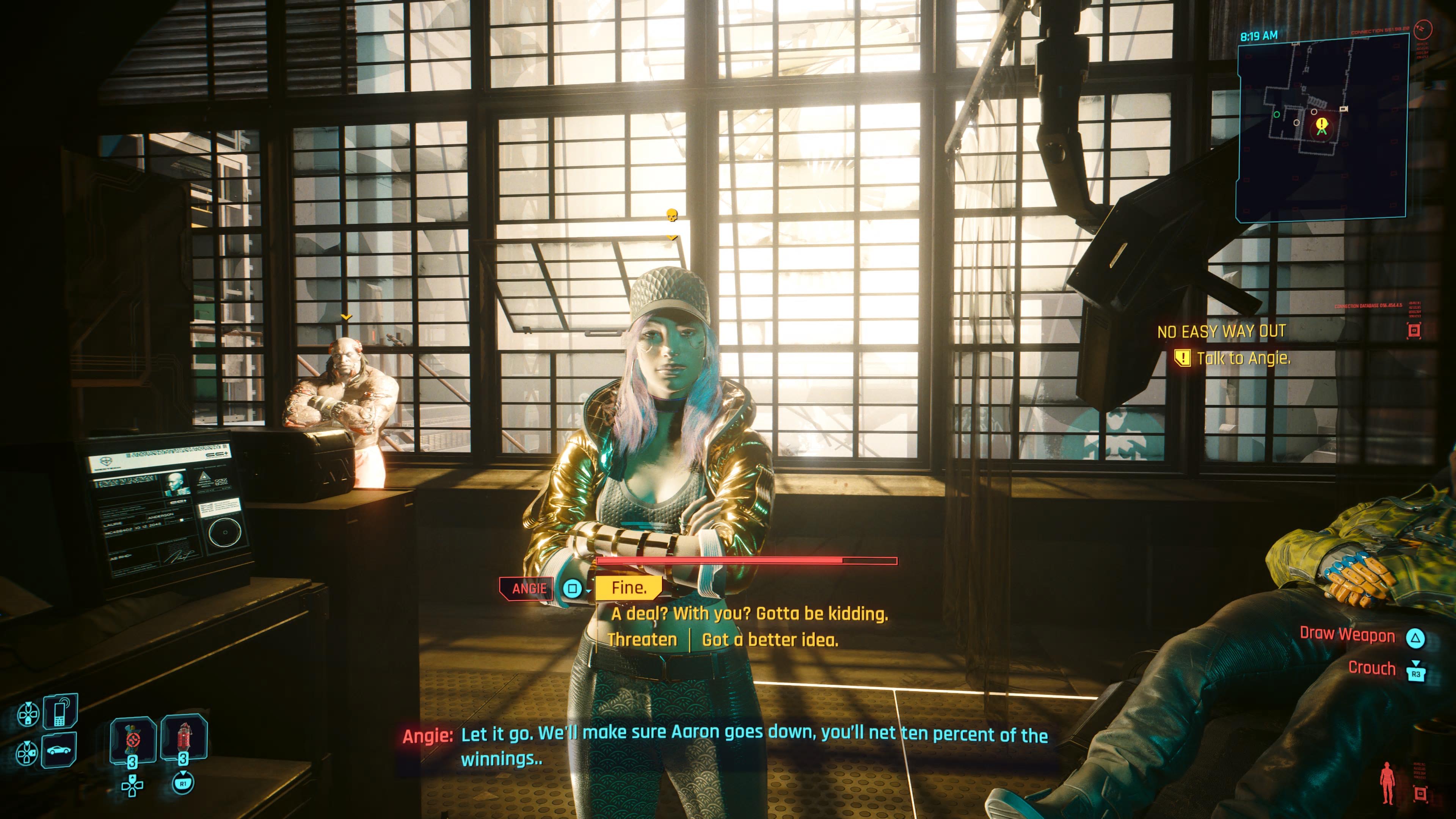 An in game screenshot of the character Angie from the game Cyberpunk 2077. 