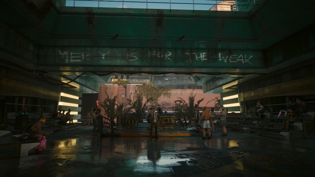 An in game screenshot of the boxing match where you meet Aaron from Cyberpunk 2077.