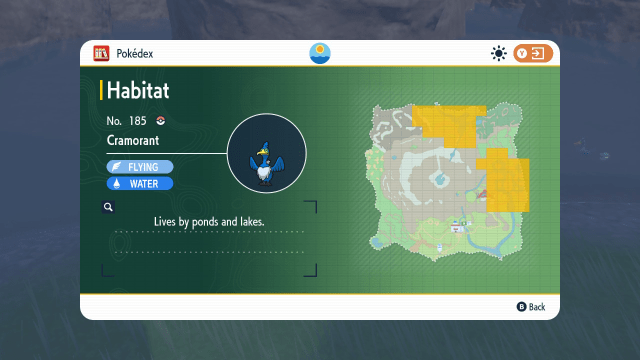 A map of the Kitakami Island in The Teal Mask DLC, a square island with the northern and easter regions highlighted in yellow to show Cramorant's locations.