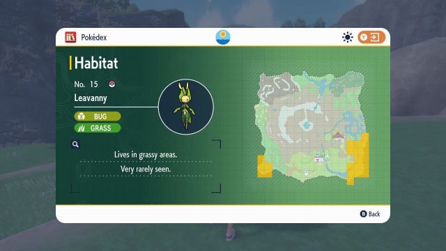 A screenshot of Leavanny's habitat locations in Pokemon Scarlet and Violet The Teal Mask DLC.