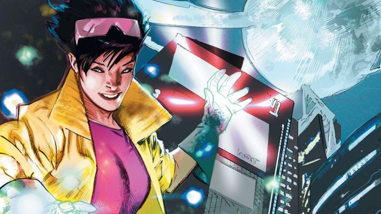 Jubilee in comics, using her power in front of a building