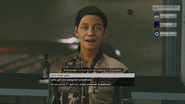 Image of Andromeda in Starfield wearing a vest speaking, with a beer bottle placed behind her.