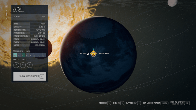 Image of a planetary map of Jaffa II, showing a landing area icon.