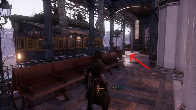 An arrow pointing to Black Cat and Red Fox's location in the Grand Exhibition in Lies of P