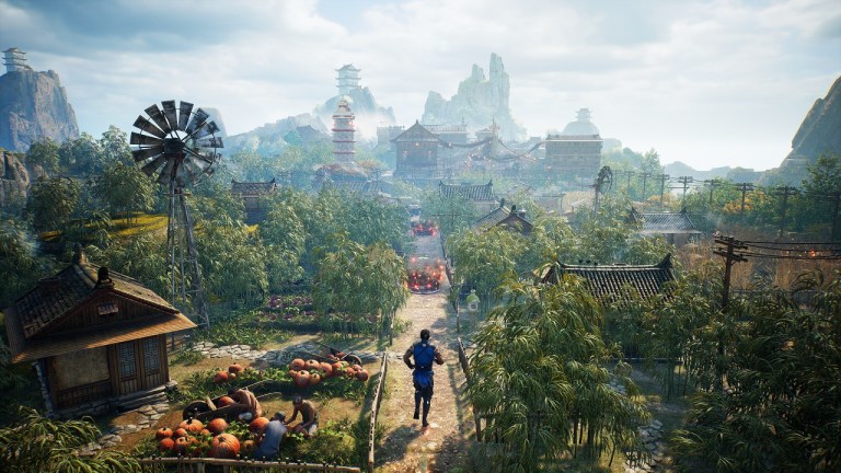 A player character runs down a pathway surrounding by farmland and forest with a misty town in the distance in Mortal Kombat 1.