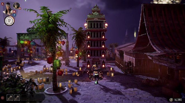 A Tower sits in the middle of a small town un the evening dusk with a palm tree and lanterns floating in Mortal Kombat 1.