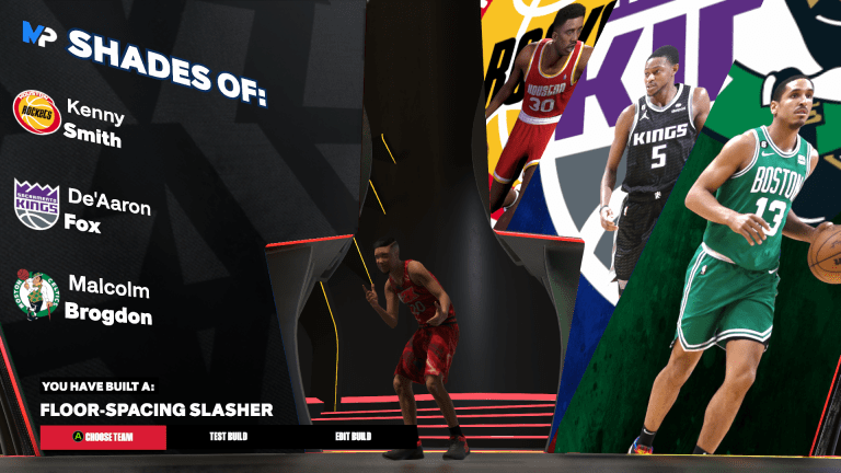 A MyPlayer builder splash screen for a floor-spacing slasher in NBA 2K24.