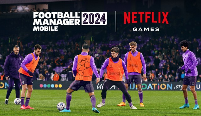 Soccer players warm up on a stadium pitch with the Football Manager 2024 and Netflix logos above their heads.