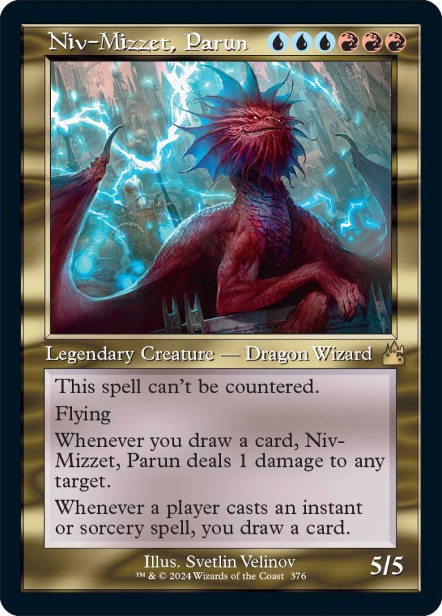 Image of Dragon surrounded by lightning through Niv-Mizzet, Parun retro frame Ravnica Remastered