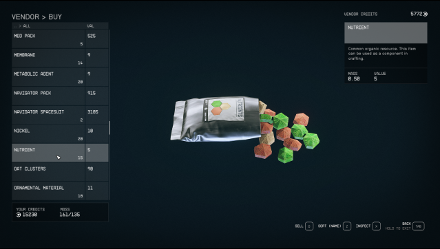 An image of a vendor's buy menu in Starfield, with the Nutrients selected: a small bag of food-like items.