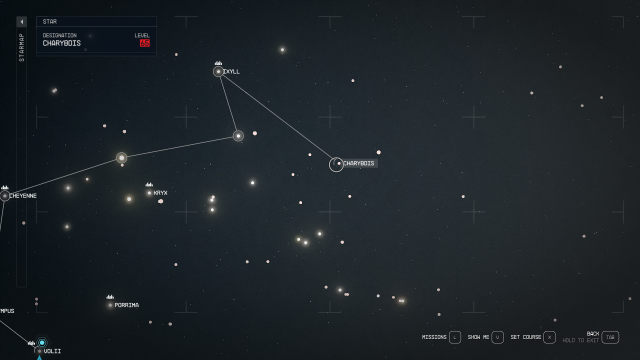 Image of the star map in Starfield, showing the location of the Charybdis System.