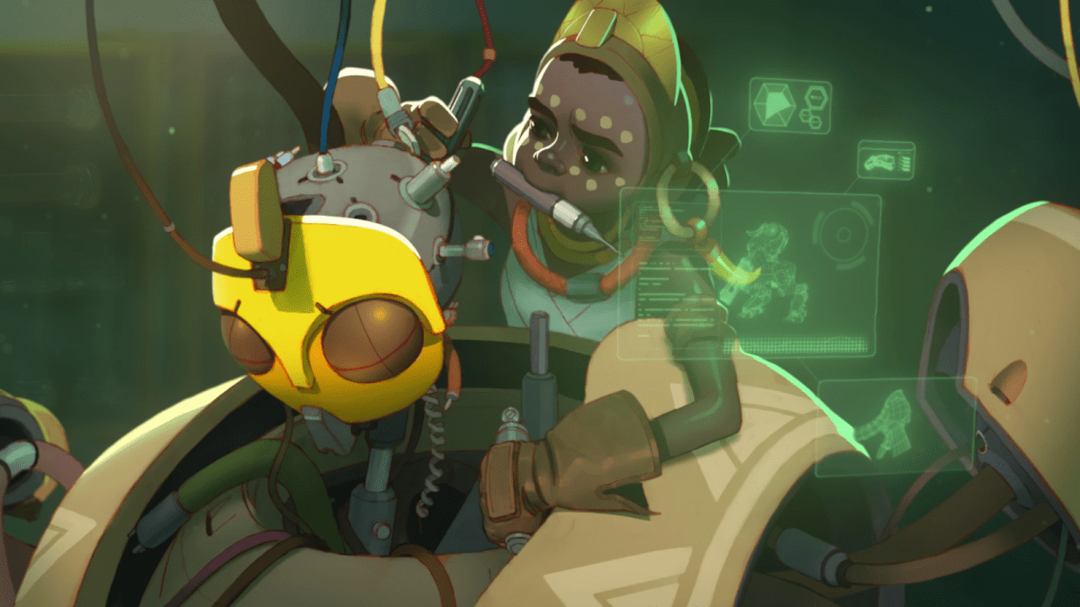 Scientist taking apart Orisa's head in Overwatch 2 scene. Holographic screen showing all her vital signs on the right side