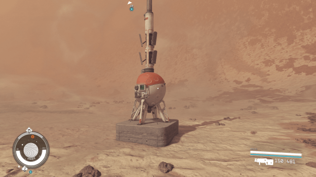 Image of a beacon on a desolate planet with high winds.