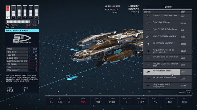 Image of a large ship on a blueprint background with the Electron Beam highlighted.