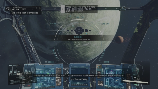 A Ship aiming at Planet Kreet in Starfield with a first person view inside the ship pilot seat.