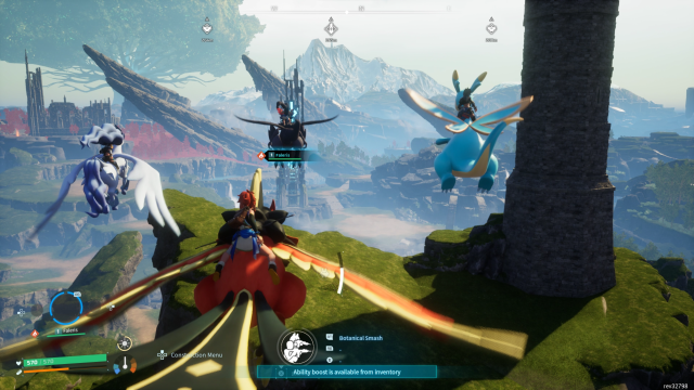 Four players roam the skies together in Palworld on the back of Pals.