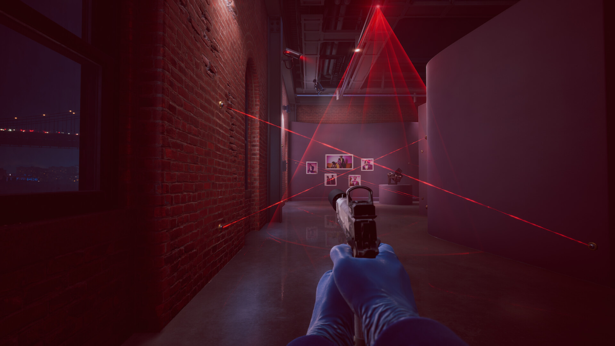 Payday 3 pistol with lasers everywhere in a vault.