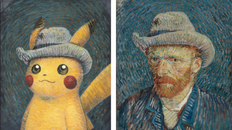 Pikachu in the style of Self-portrait with Grey Felt Hat next to Van Gogh's art.