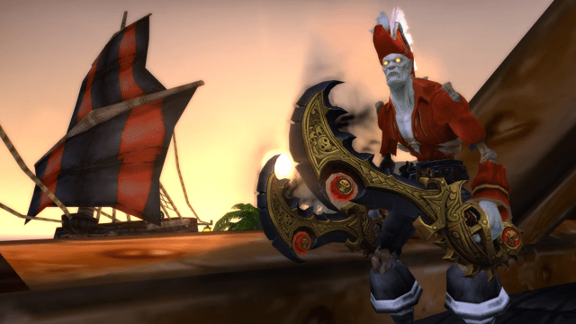 Undead character holding pirate weapons while pirate ship is behind them.