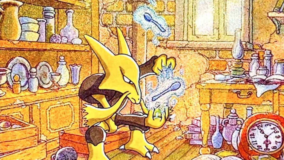 Image of Alakazam ex casting magic on spoons through Alakazam ex SAR 203 SV2a Pokémon Card 151 card