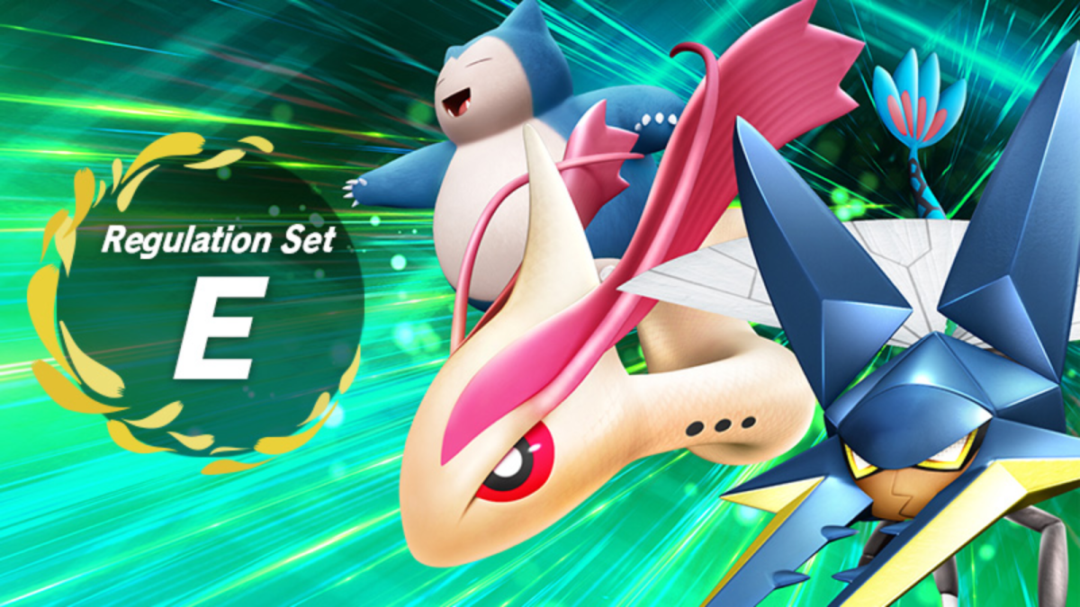 Pokémon Scarlet and Violet Regulation E poster featuring Snorlax, Milotic, and Vikavolt.